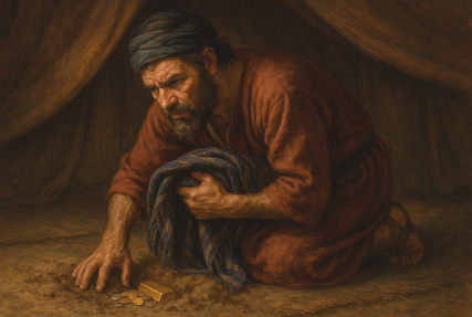 Achan hides the silver, gold, and robe in his tent, feeling guilty and afraid�scene from the story �Achan�s Secret Sins� (Joshua 7).